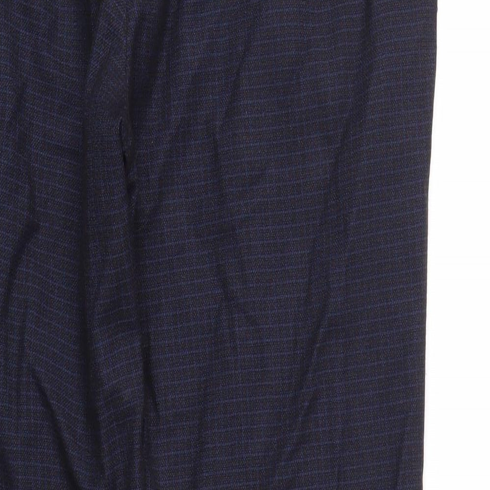 Brand and care label for PREWORN men’s blue check trousers, size 34, in, 30-inch leg