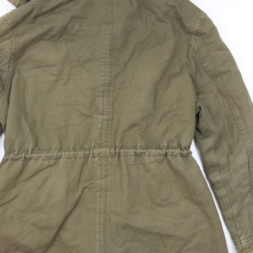 Brand and care label for Debenhams women’s green jacket coat, size UK 10