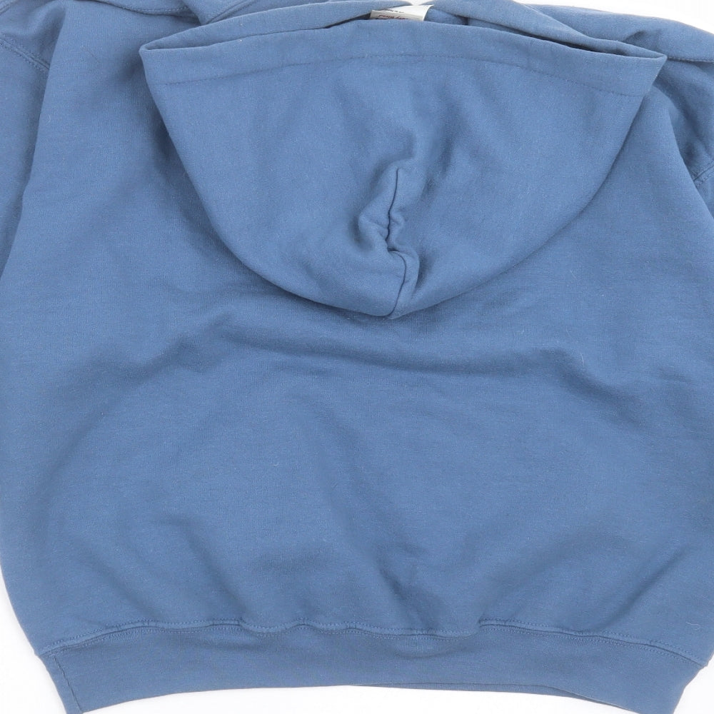Brand and care label for Gildan women’s blue pullover hoodie, size M, - candy wrapper