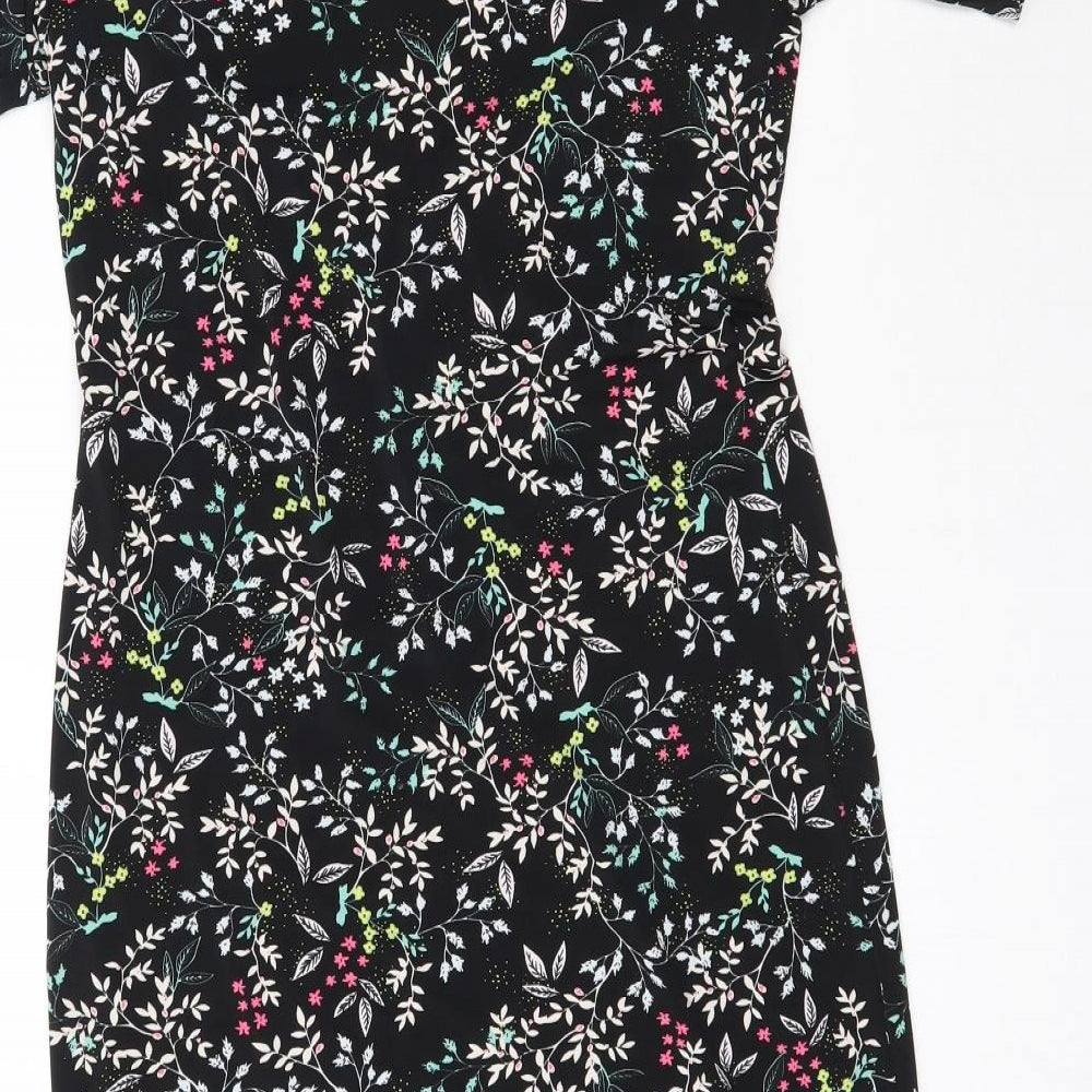 Brand and care label for Very women’s black floral mini, size UK 10, - asymmetric hem
