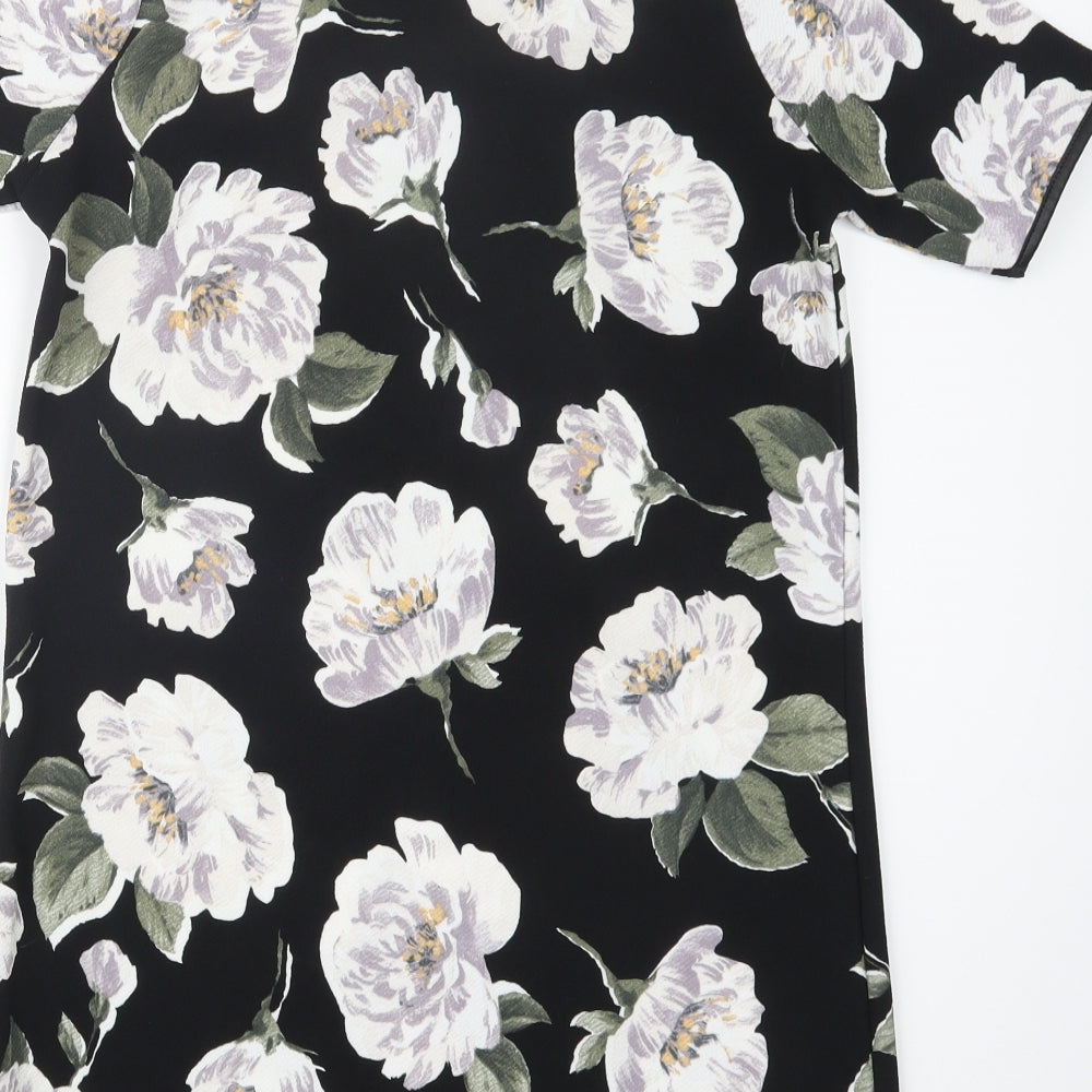 Brand and care label for Quiz women’s black floral shirt dress, size UK 10