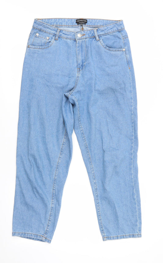 Additional front view of Wednesday's Girl women’s blue boyfriend jeans, size UK 28, in, 25-inch leg - cropped
