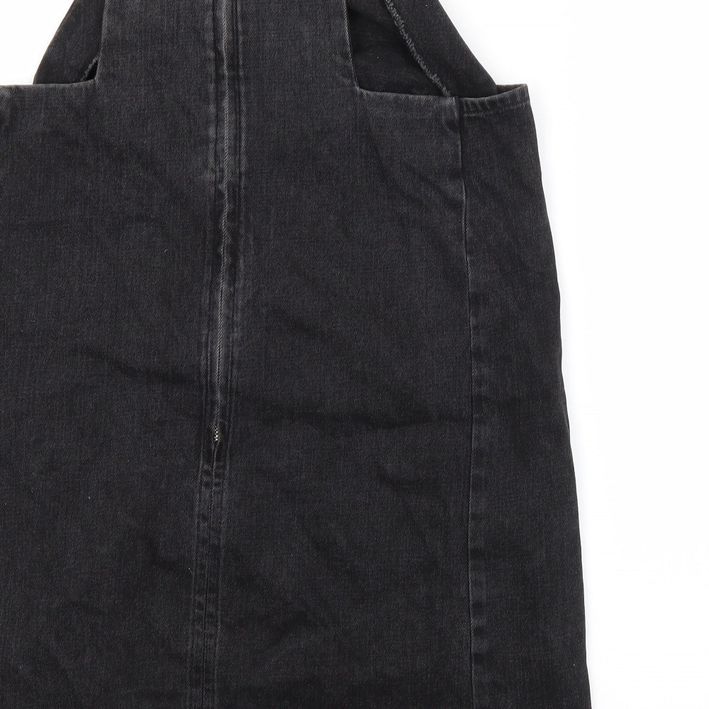 Brand and care label for Topshop women’s grey herringbone pinafore/dungaree dress, size UK 12
