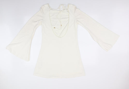 Zara Womens White Fit & Flare - Trumpet Sleeves Low back Neck Tie