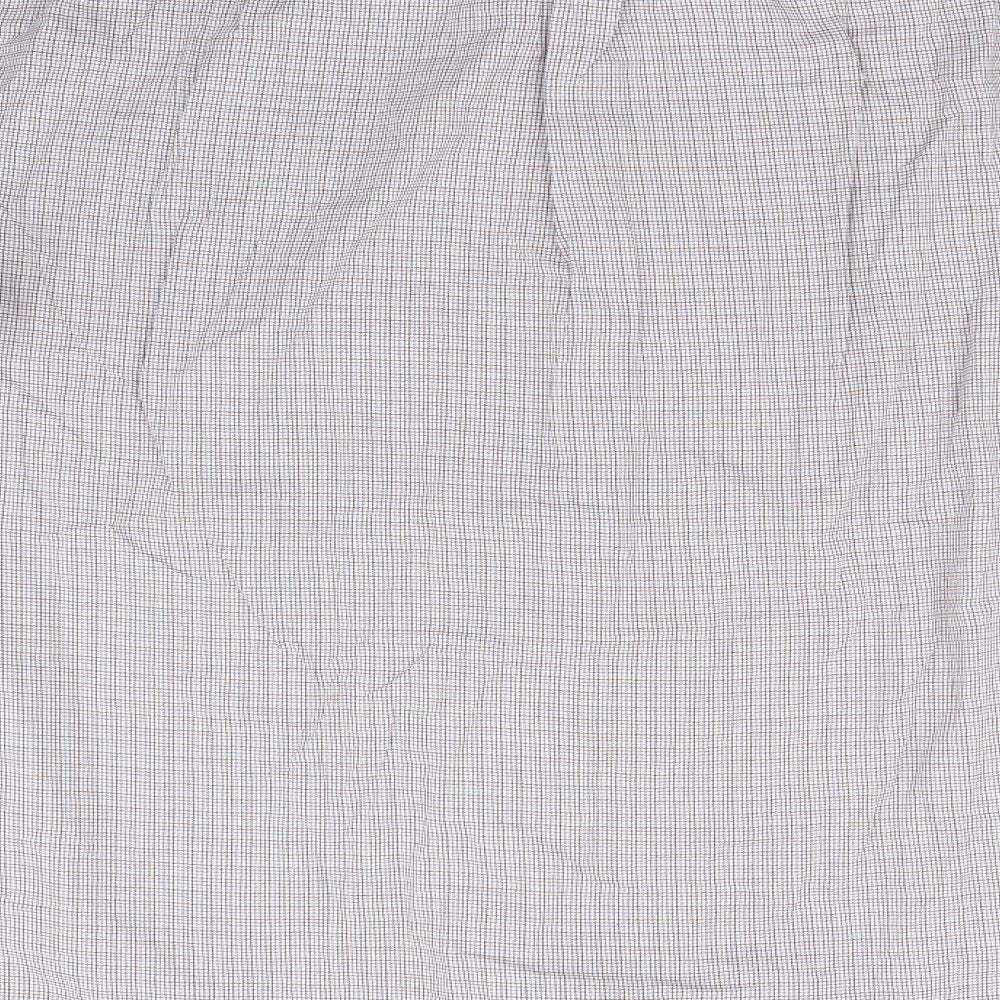 Brand and care label for Tomas Mayes men’s purple check button-up, - lilac pink blue orange fine line checks buttons collar