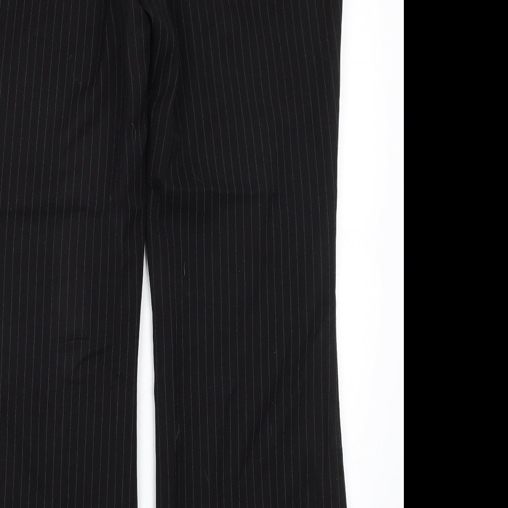 Brand and care label for F&F women’s black striped polyester dress pants trousers, size UK 12, 28.5-inch leg regular