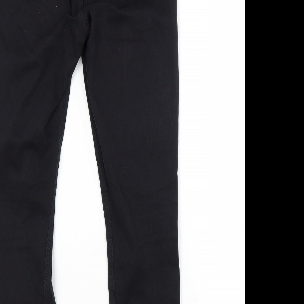 Brand and care label for Topshop women’s black cotton straight jeans, size UK 30, in, 30-inch leg regular