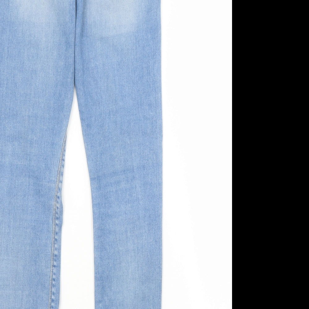 Brand and care label for ASOS women’s blue cotton skinny jeans, size UK 28, in, 32-inch leg regular