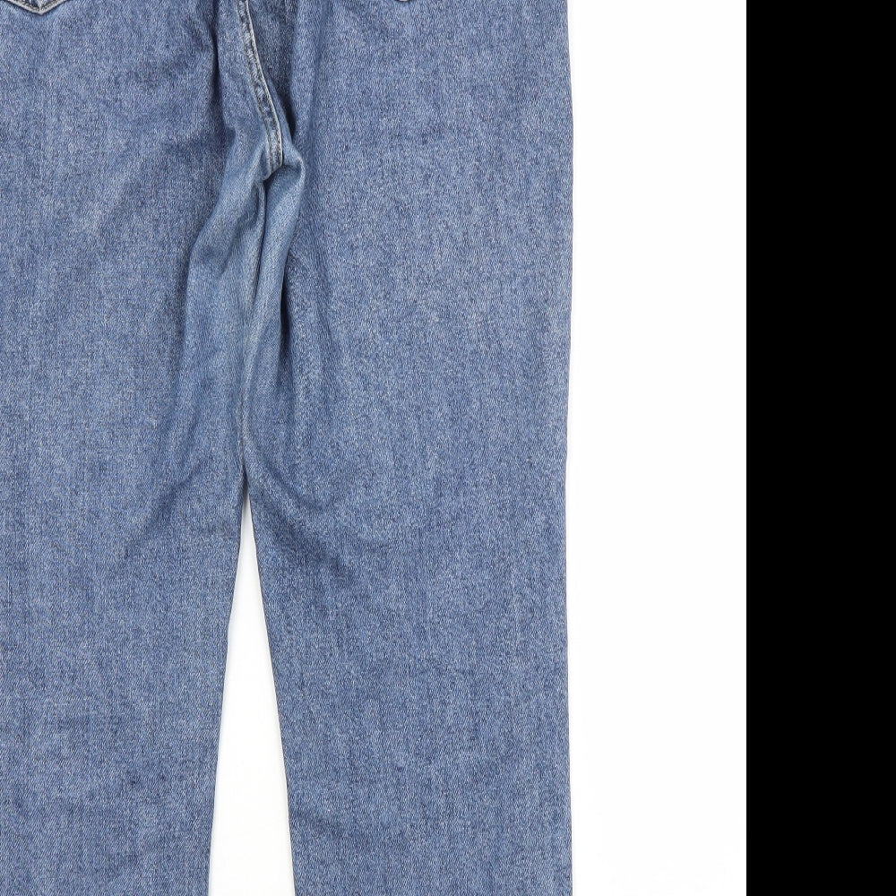 Brand and care label for Topshop women’s blue cotton cropped jeans, size UK 34, in, 30-inch leg regular