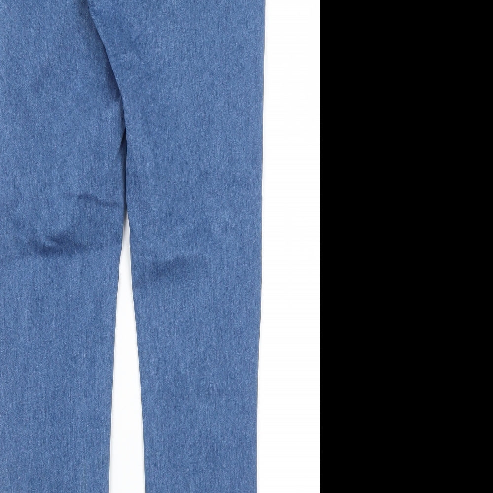 Brand and care label for Missguided women’s blue cotton skinny jeans, size UK 8, 26-inch leg regular