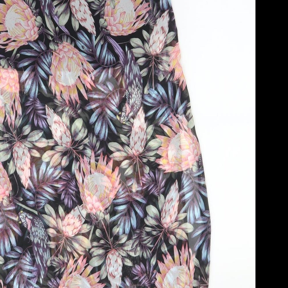 Brand and care label for H&M women’s multicoloured floral polyester straight & pencil skirt, size UK 6
