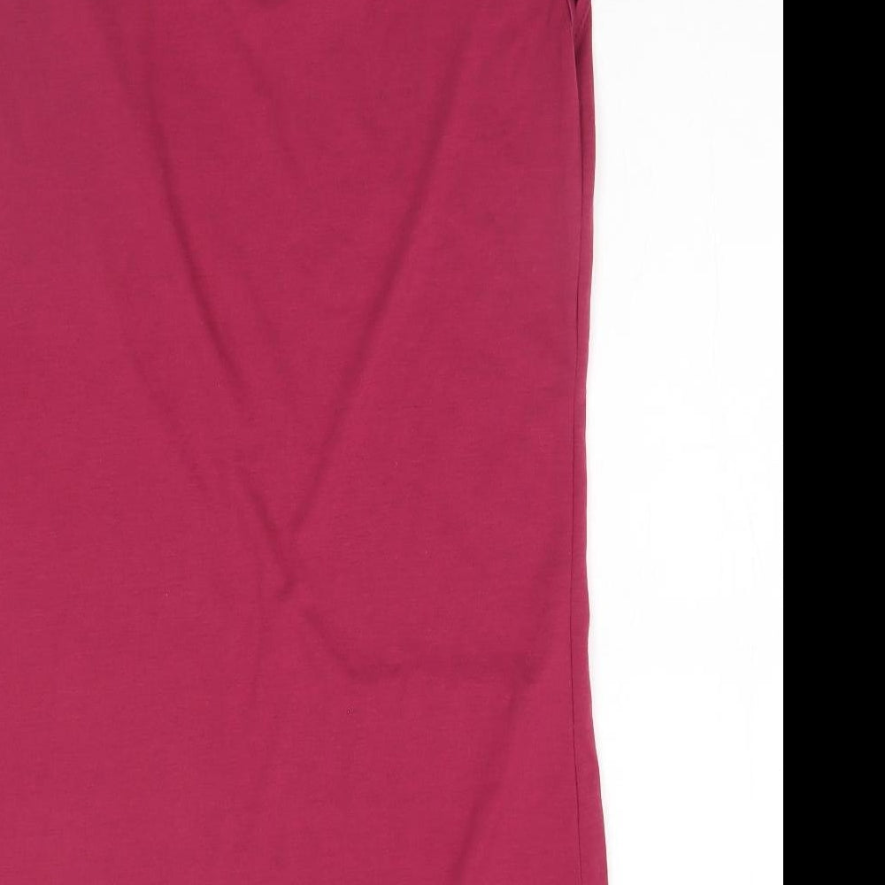 Brand and care label for women’s pink polyester pencil dress, size S, round neck