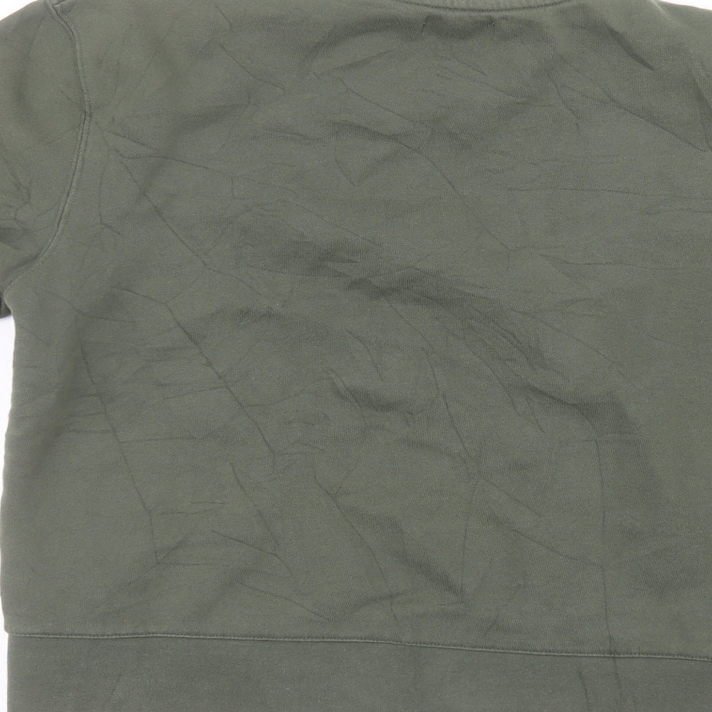 Brand and care label for Topman men’s green round neck cotton jumper, size XS