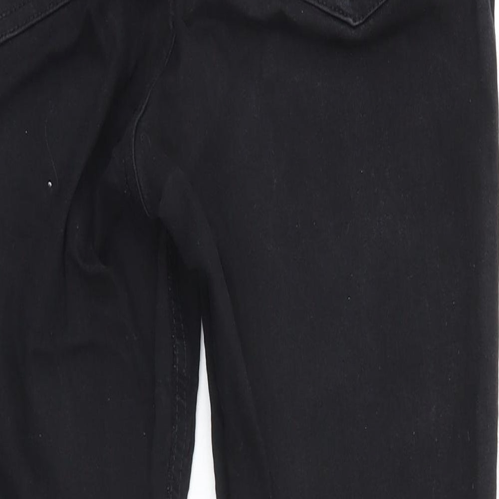 Brand and care label for Topshop women’s black cotton straight jeans, size UK 30, in, 26-inch leg regular