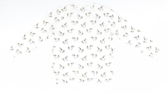 FOREVER 21 Womens White Round Neck Animal Print Cotton Pullover Jumper Size M - Unicorns