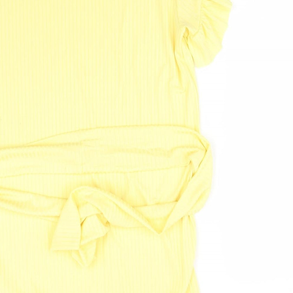 Brand and care label for I SAW IT FIRST women’s yellow striped polyester a-line, size UK 8, round neck