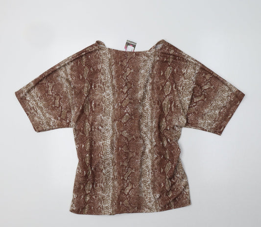 Boohoo Womens Brown Animal Print Polyester Basic Blouse Size 16 V-Neck