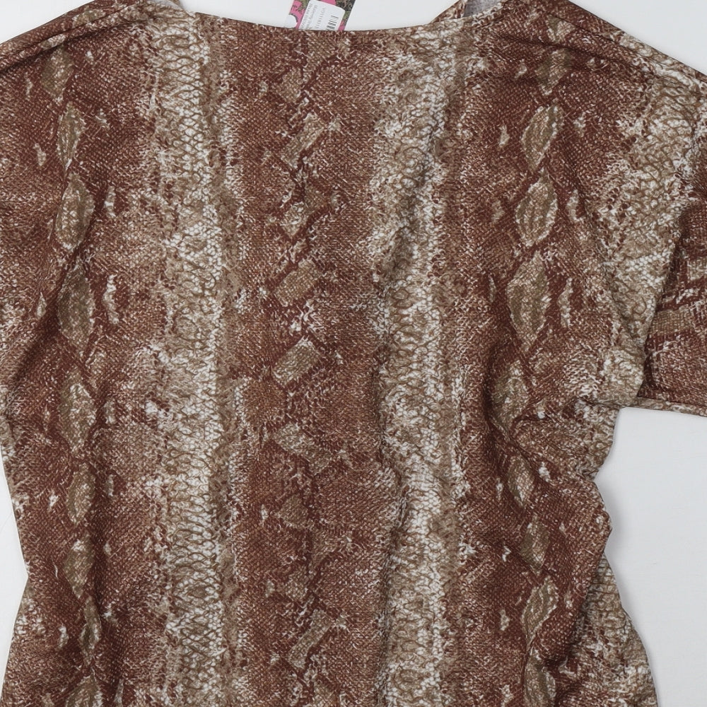 Boohoo Womens Brown Animal Print Polyester Basic Blouse Size 16 V-Neck