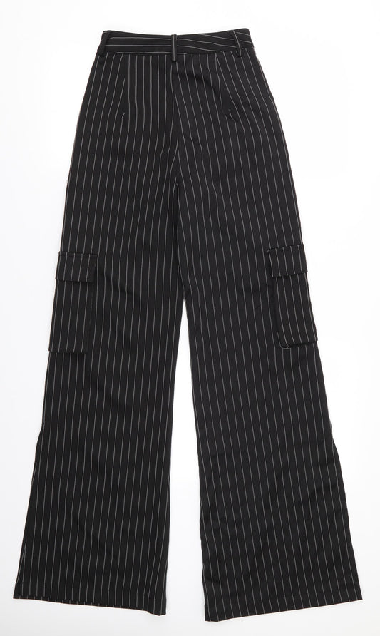 Pretty Little Thing Womens Black Striped Polyester Trousers Size 4 L32 in Regular - White Stripe Wide Legged Cargo Pockets Vented Outer Sides to knee/calf