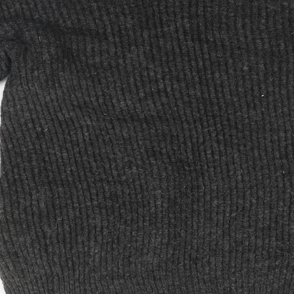 Brand and care label for F&F women’s grey round neck striped polyester cardigan jumper, size S