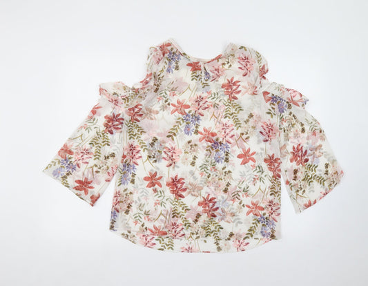 Matalan Womens White Floral Polyester Basic Blouse Size 12 Round Neck