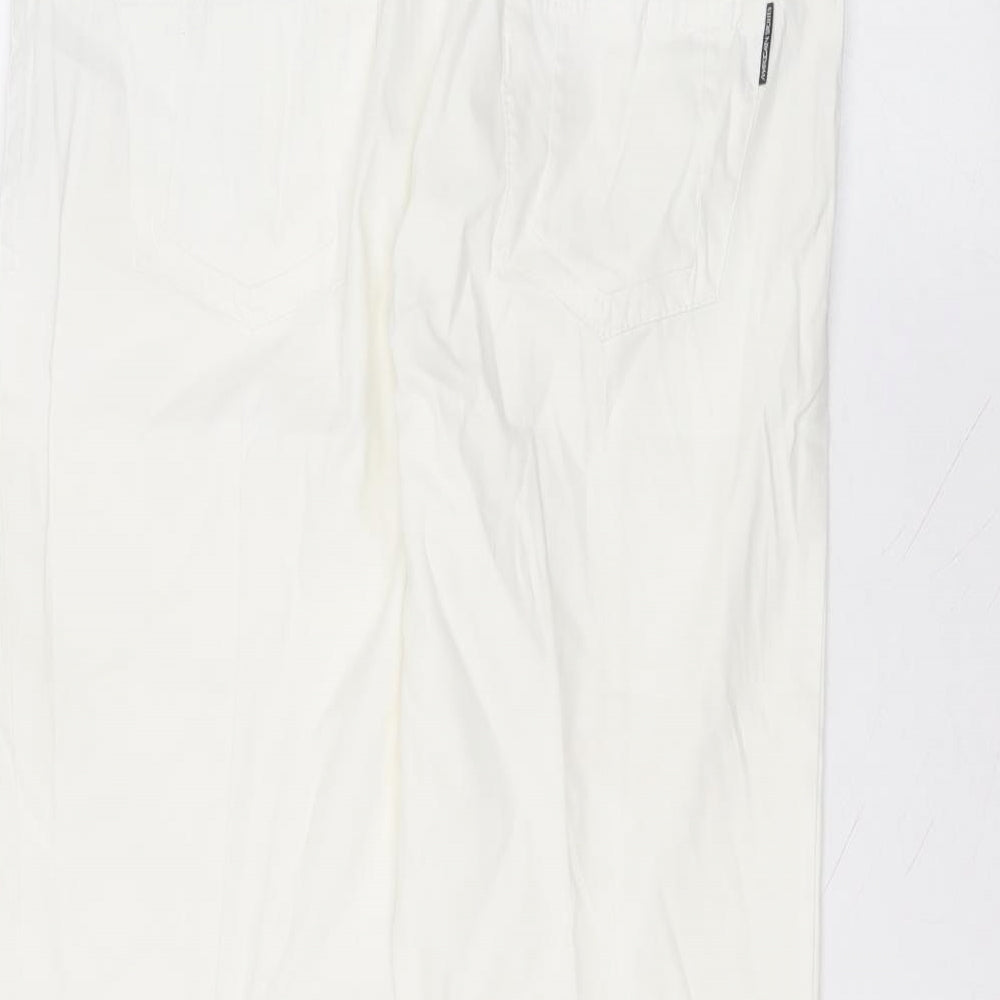 Brand and care label for Marc Cain women’s white cotton trousers, size UK 32, in, 22-inch leg regular