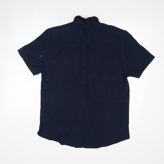 Mens UK Size M Duke Linen Blue Button-Up Short Sleeve Casual Shirt