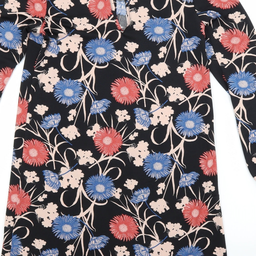 Brand and care label for Miss Selfridge women’s black floral polyester a-line, size UK 6, scoop neck