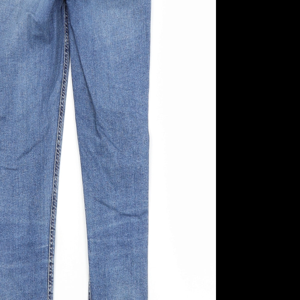 Brand and care label for Topshop women’s blue cotton skinny jeans, size UK 25, in, 32-inch leg regular