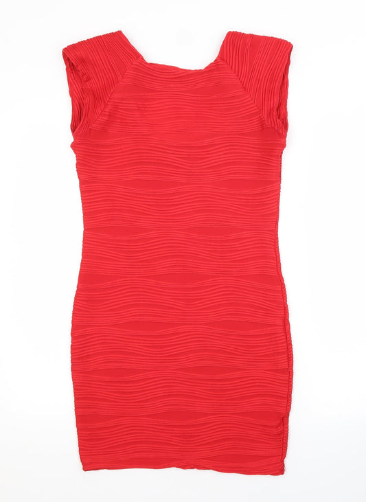 Preworn Womens Red Polyester Pencil Dress Scoop Neck