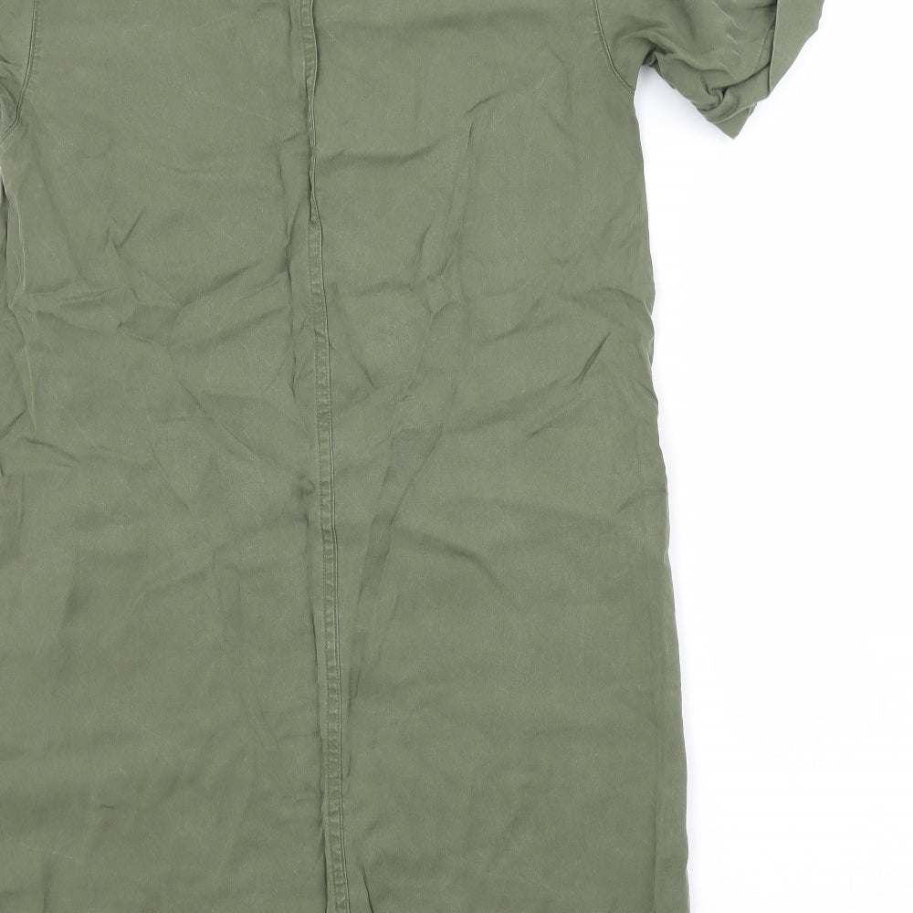 Brand and care label for F&F women’s green lyocell shirt dress, size UK 6, crew neck