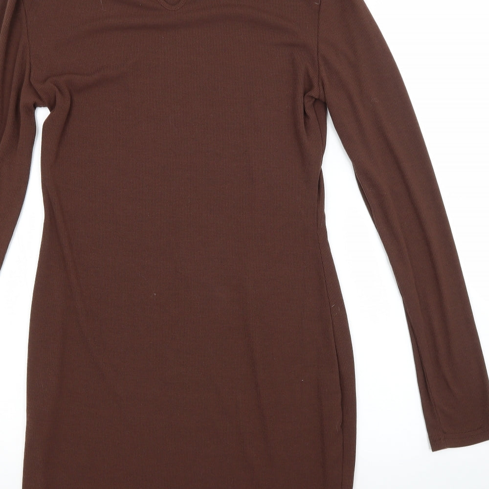Brand and care label for SHEIN women’s brown polyester pencil dress, size L, crew neck