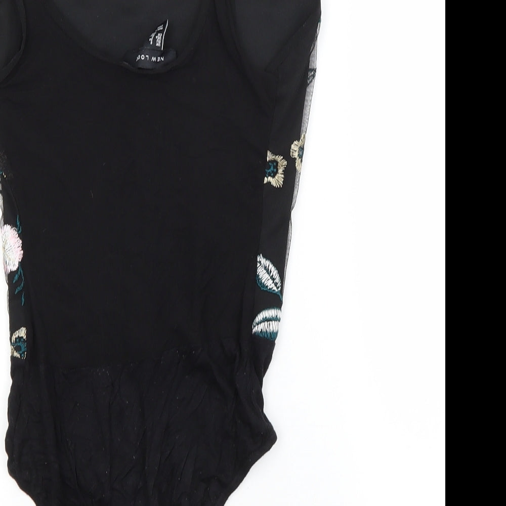 Brand and care label for New Look women’s black flecked polyester unitard one-piece, size UK 6