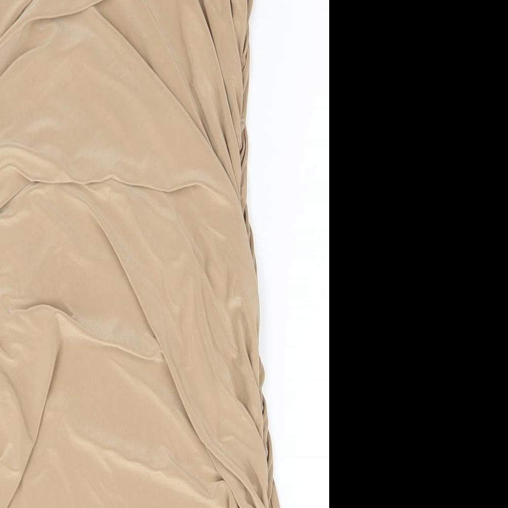 Brand and care label for Boohoo women’s beige polyester pencil dress, size UK 10, off the shoulder