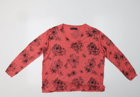 Additional front view of Marks & Spencer women’s pink v-neck floral acrylic jumper, size M