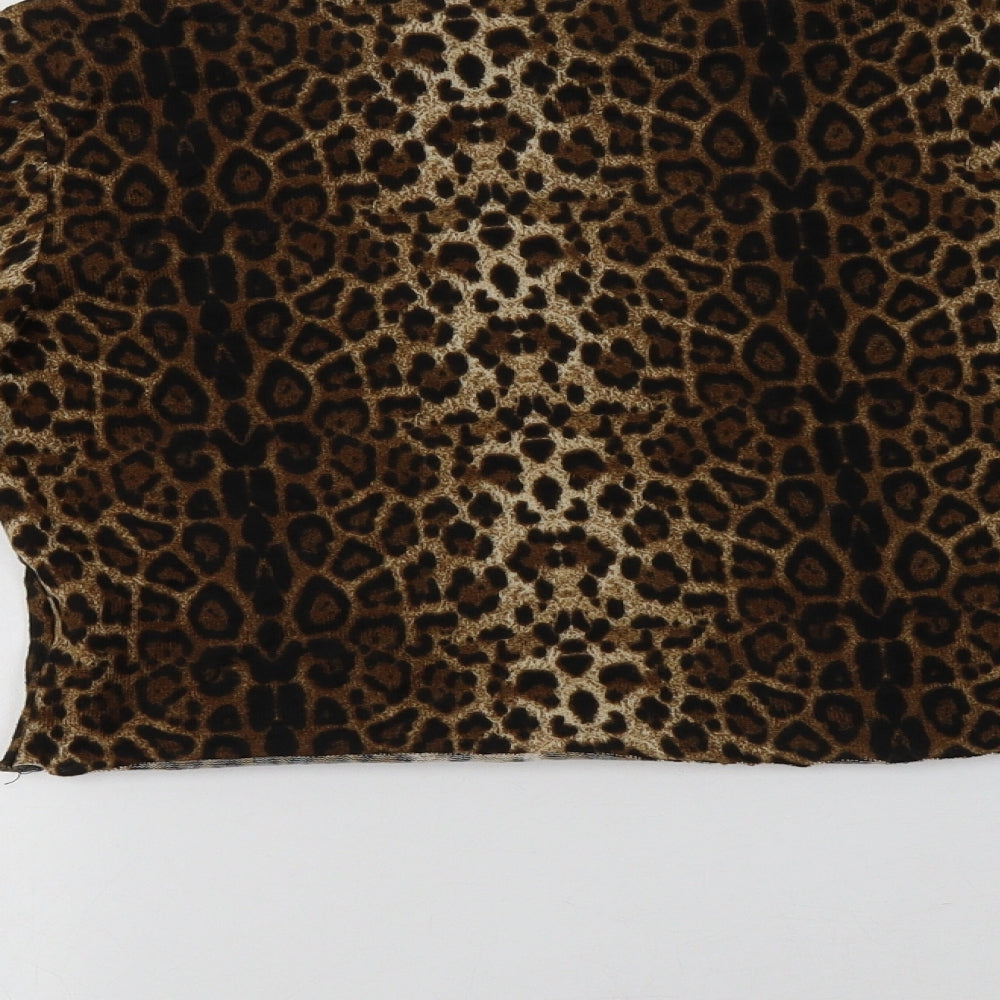 Brand and care label for SHEIN women’s brown animal print polyester cropped blouse, size M, crew neck