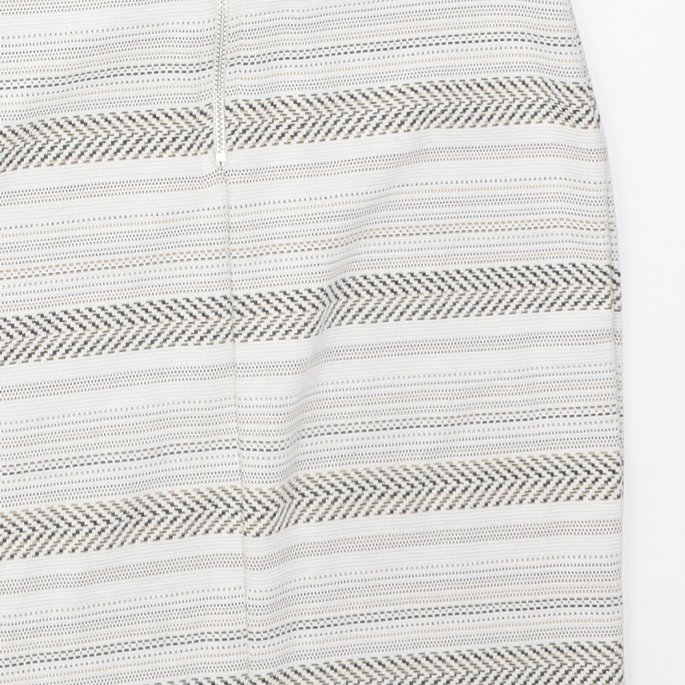 Brand and care label for Miss Selfridge women’s multicoloured striped polyester straight & pencil skirt, size UK 10