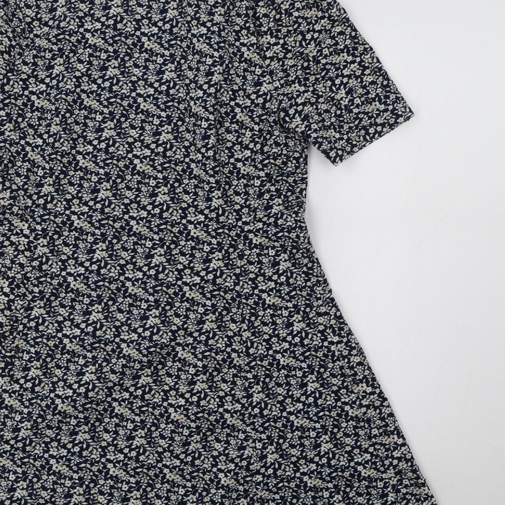 Brand and care label for Next women’s blue floral polyester fit & flare, size UK 12, v-neck