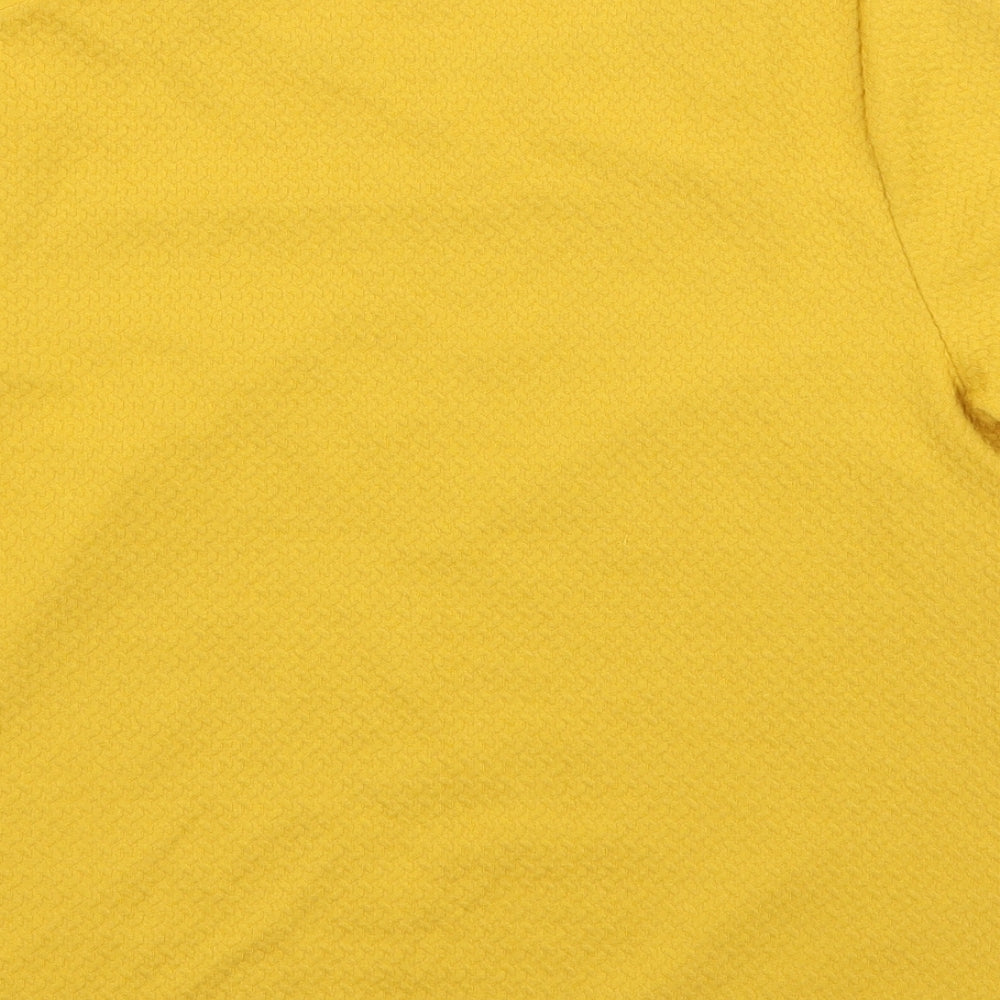 Brand and care label for Oasis women’s yellow polyester basic t-shirt, size M, round neck - faux leather detail
