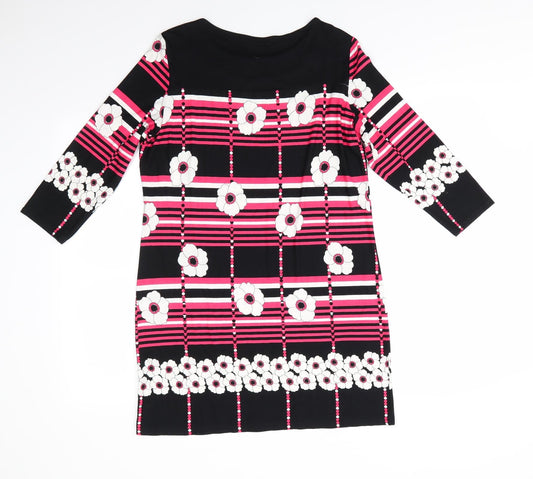 M&Co Womens Black Floral Viscose A-Line Size 12 Round Neck - White Flowers Pink Stripes