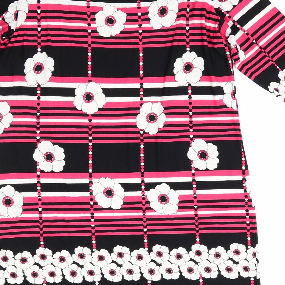 M&Co Womens Black Floral Viscose A-Line Size 12 Round Neck - White Flowers Pink Stripes