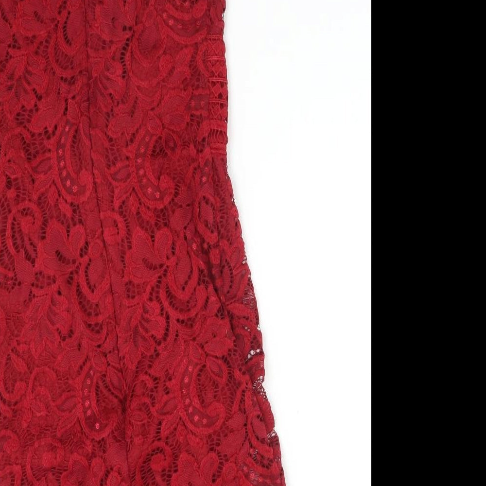 Brand and care label for Topshop women’s red floral polyester pencil dress, size UK 8