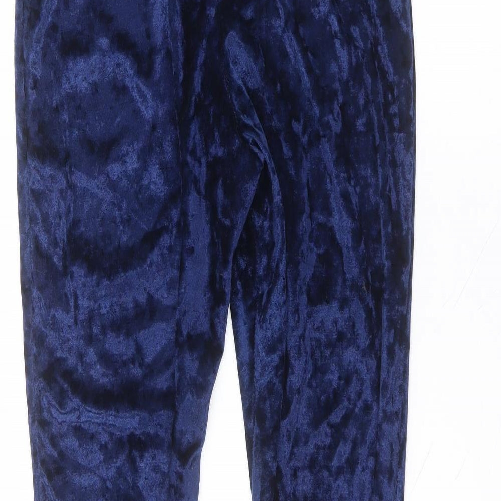 Brand and care label for Preworn women’s blue polyester jogger leggings, size S, 25-inch leg