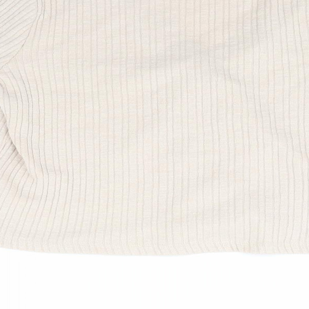 Brand and care label for Boohoo women’s beige v-neck striped polyester cardigan jumper, size M