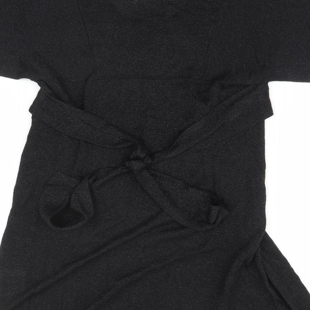 Brand and care label for women’s black viscose a-line, size S, round neck