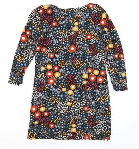 Back view of Tu women’s black floral viscose t-shirt dress, size UK 8, crew neck