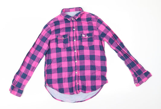 Additional front view of Abercrombie & Fitch kids girls’ pink check cotton basic button-up, collared - blue & pink check and