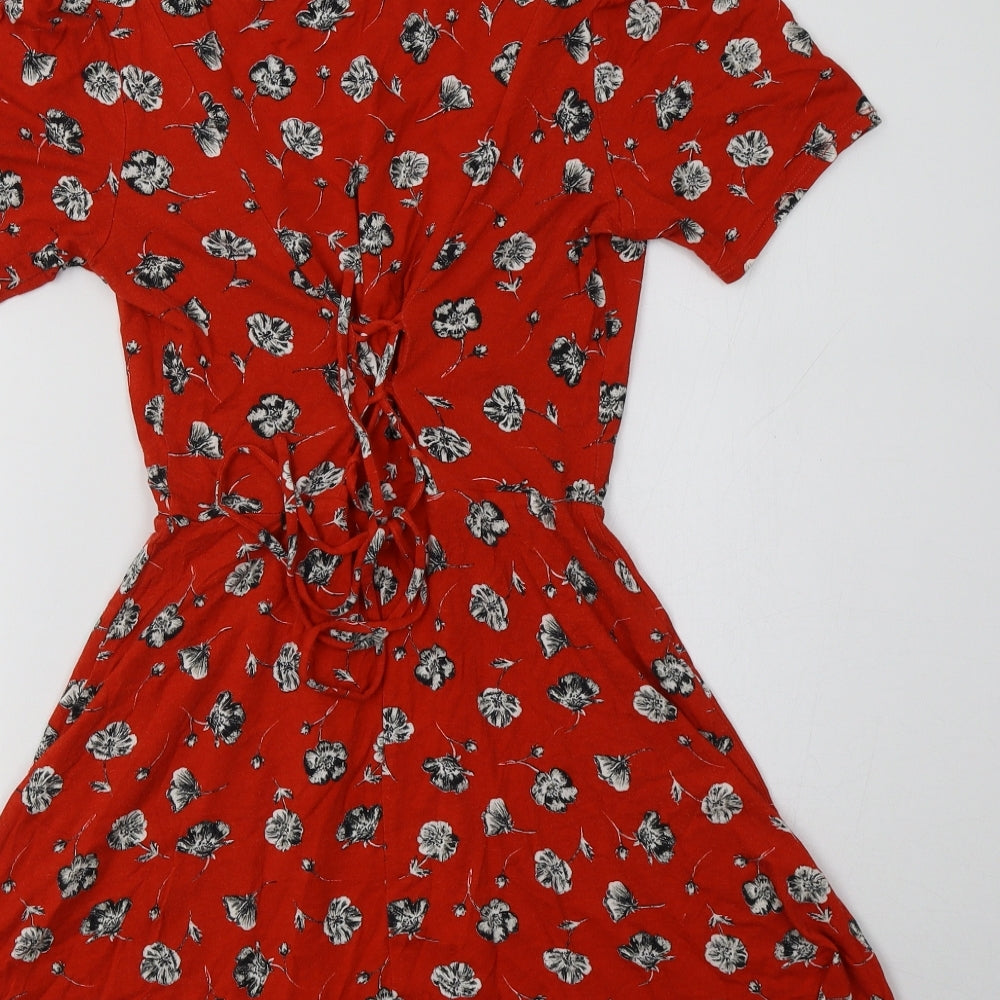 Topshop Womens Red Floral Viscose Fit & Flare Size 4 V-Neck