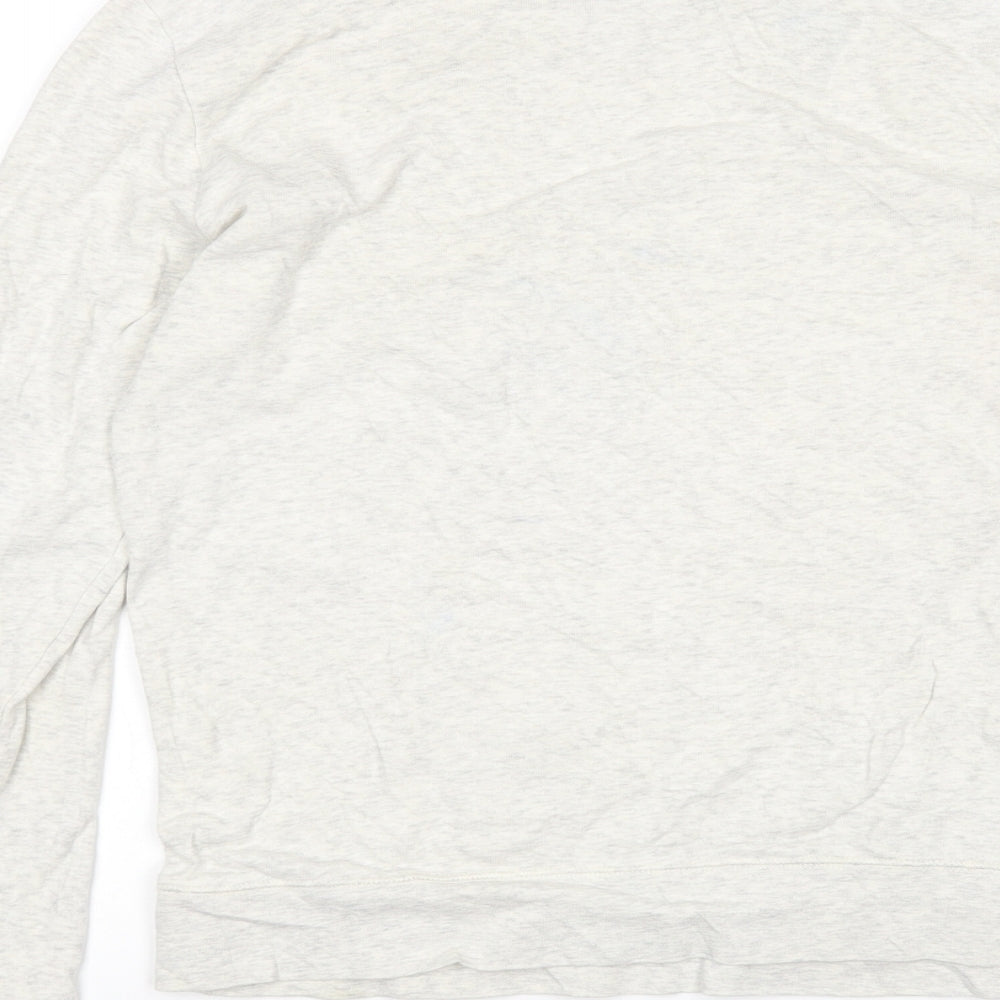 Brand and care label for H&M women’s grey cotton pullover sweatshirt, size S