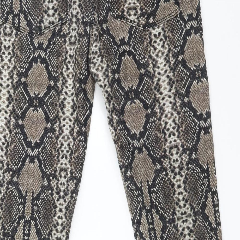 Brand and care label for ASOS women’s multicoloured animal print cotton skinny jeans, size UK 28, 30-inch leg regular